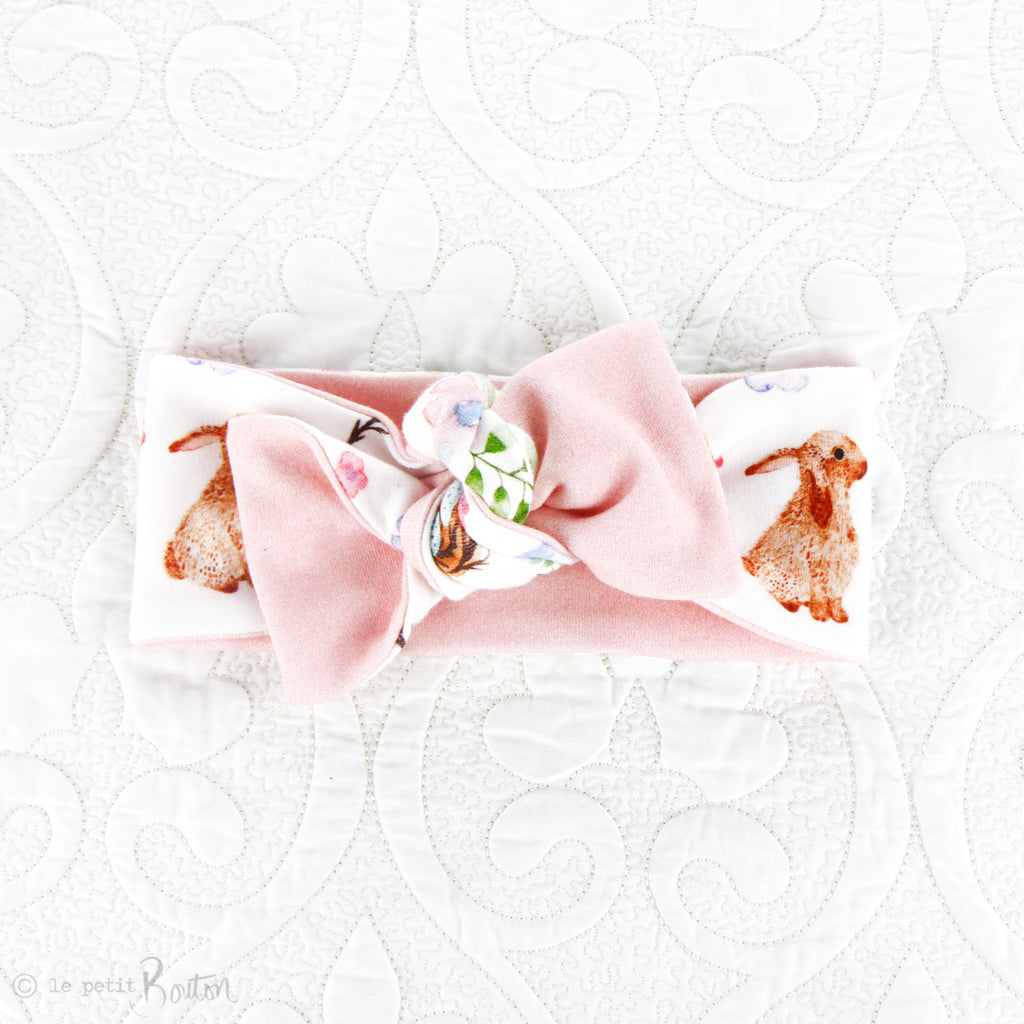 Easter - Organic Cotton Reversible Bow Knot Headband - Chestnut The Bunny - 4 LEFT