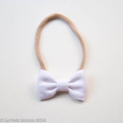 Small Linen Bow On Nylon Headband - Angel White