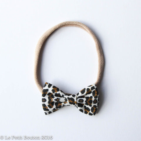Small Linen Bow on Nylon Headband - Mini Roar Leopard