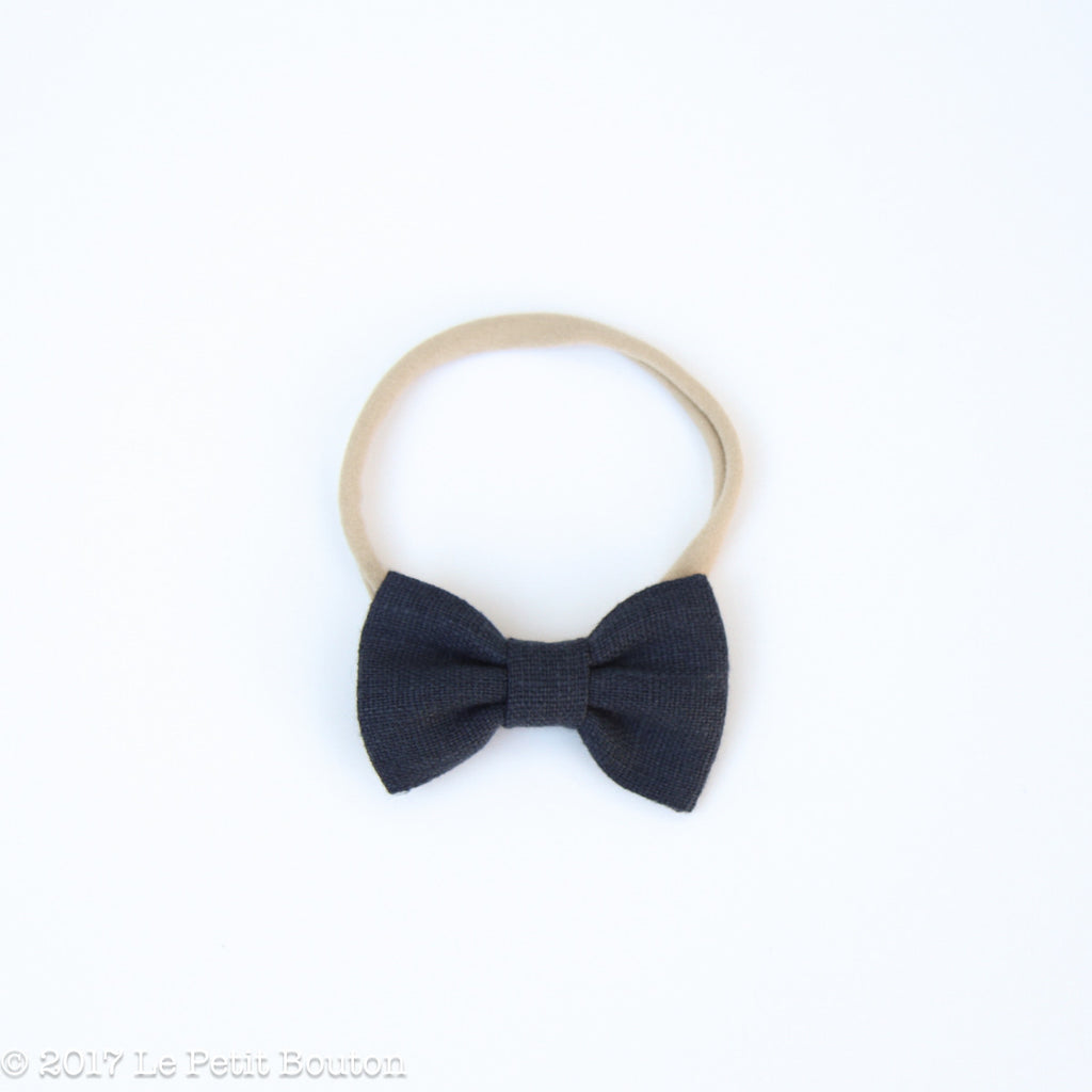 Small Linen Bow on Nylon Headband - Washed Navy