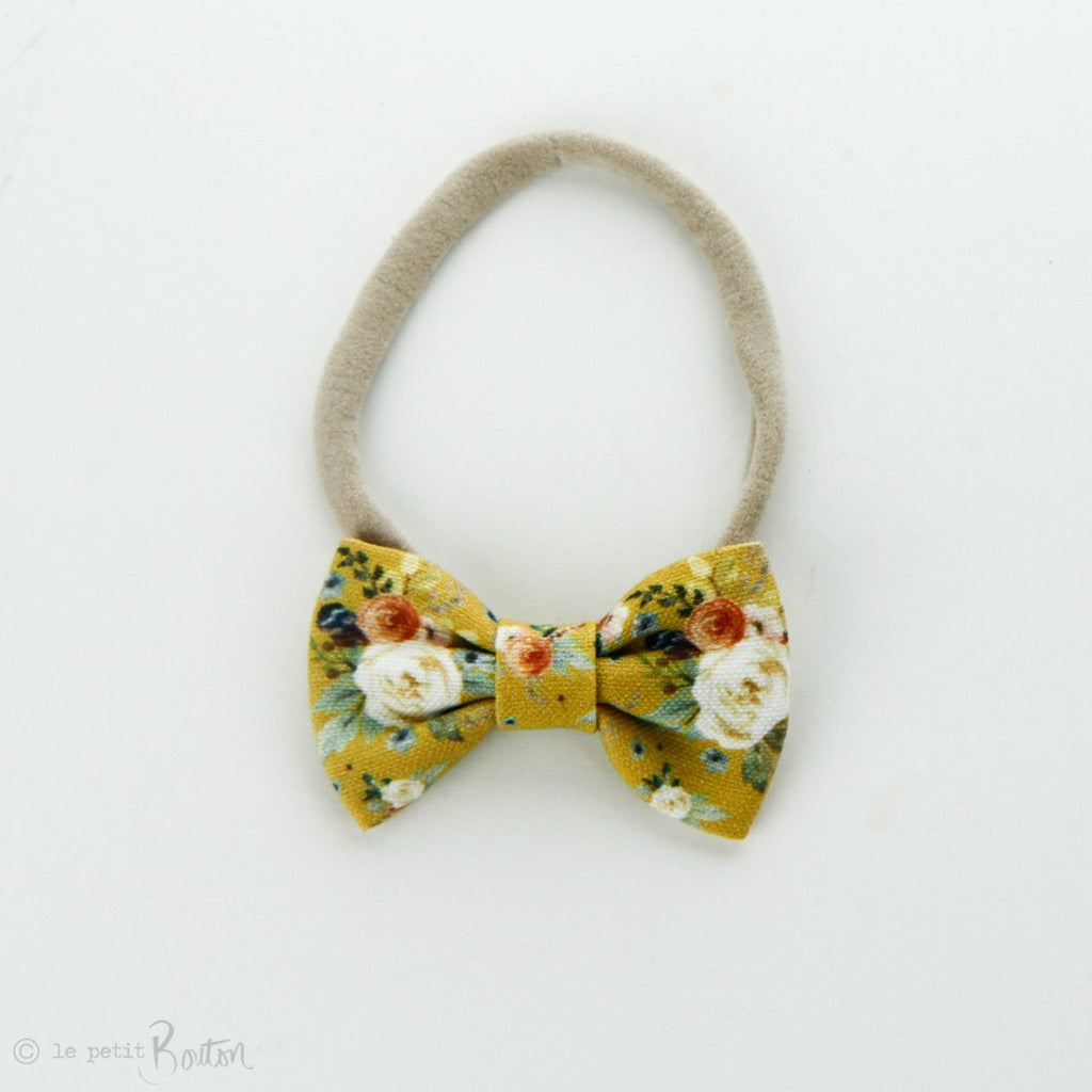 Small Linen Bow on Nylon Headband - Mustard Floral