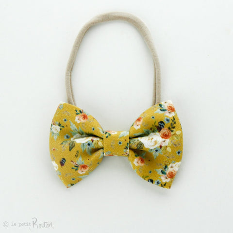 Linen Large Bow on Nylon Headband - Mustard Floral