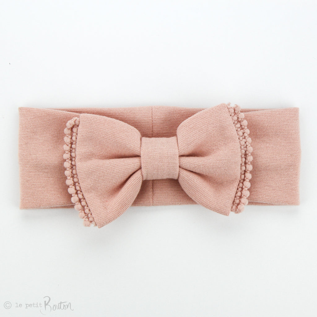 Organic Cotton Double Pom Pom Bow Turban - All Dusty Pink