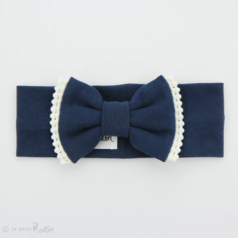 Organic Cotton Double Pom Pom Bow Turban Headband- Light Navy