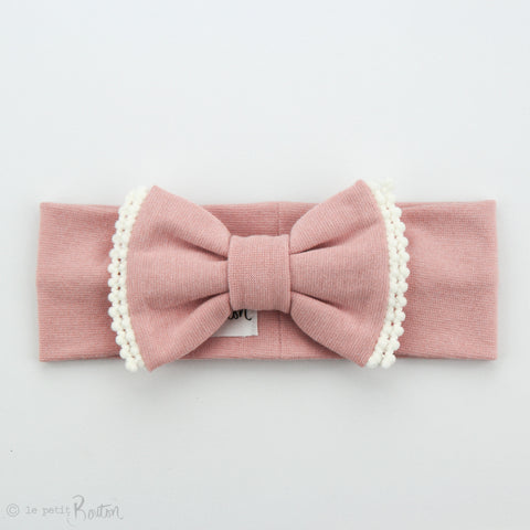 Organic Cotton Double Pom Pom Bow Turban Headband- Dusty Pink
