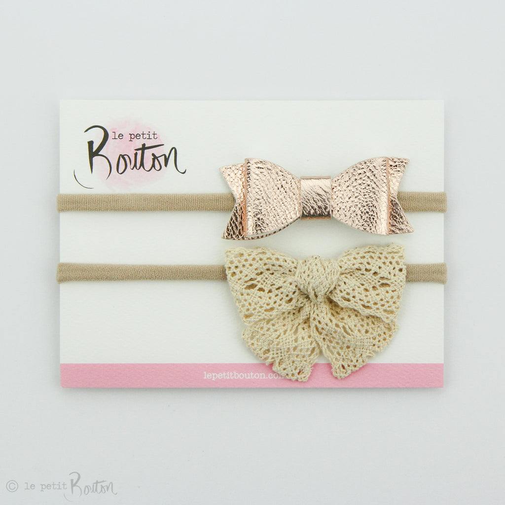 Faux Leather Bow Set on Headbands - Rose Gold/ Lace.