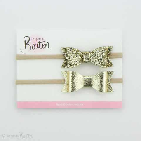 Faux Leather Bow Set on Headbands - Set of 2 - Glitter me Gold