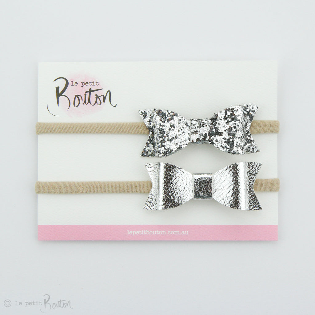 Faux Leather Bow Set on Headbands - Set of 2 - Glitter me Silver