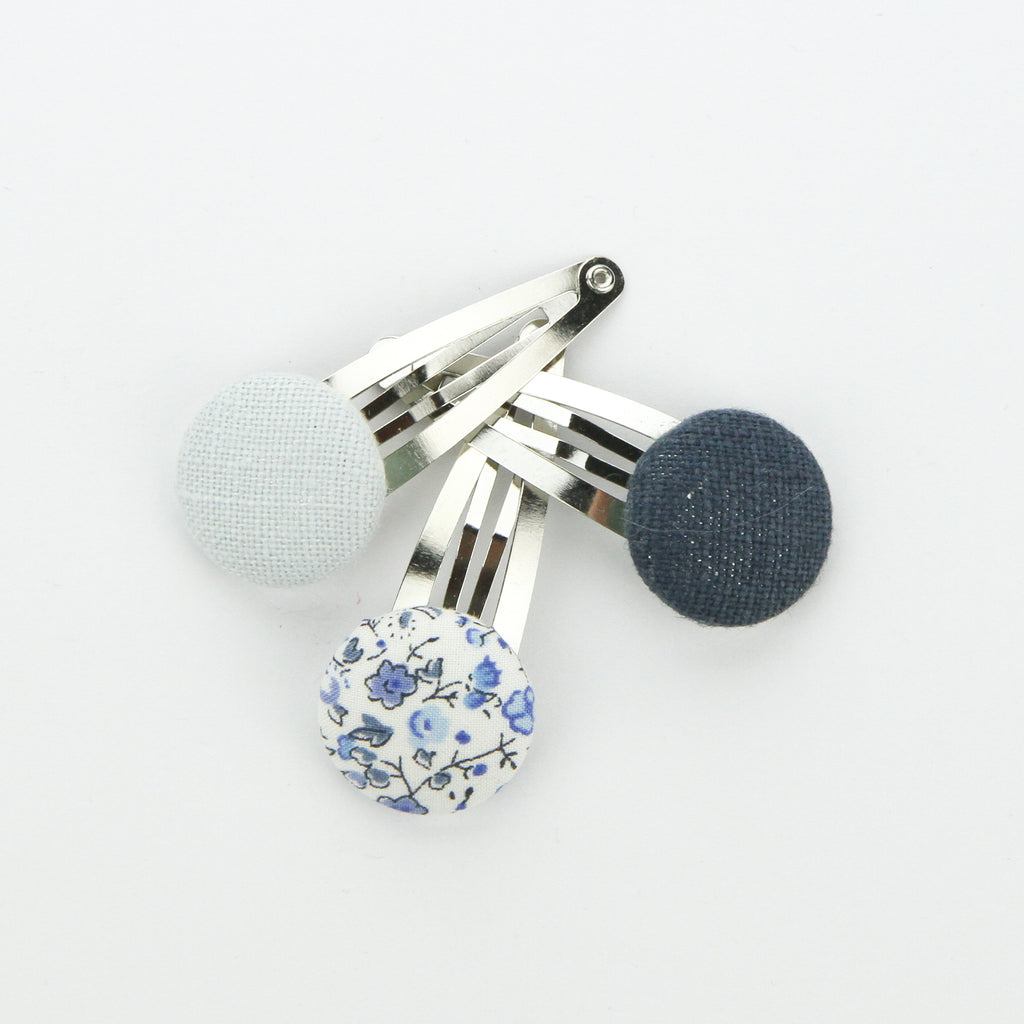 Covered Button Snap Clip Pair - Blue Hughs - Set of 3