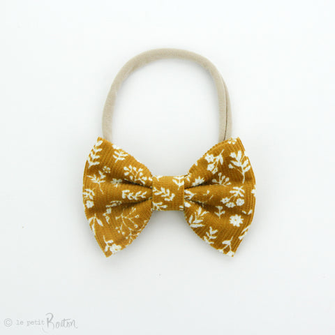 AW19 Corduroy Large Bow on Nylon Headband - Mustard Floral