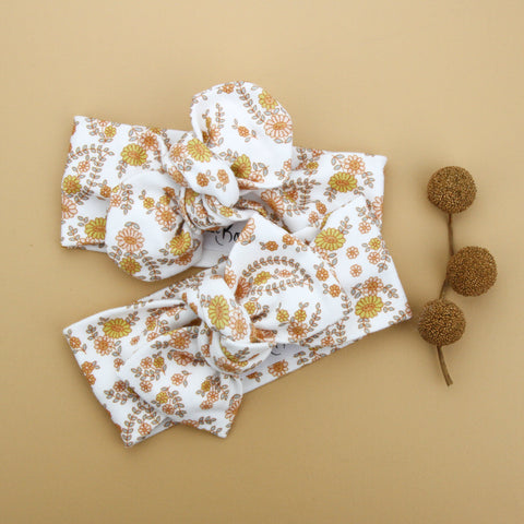 Autumn20 Organic Cotton Bow Knot Headband - Retro Floral on White