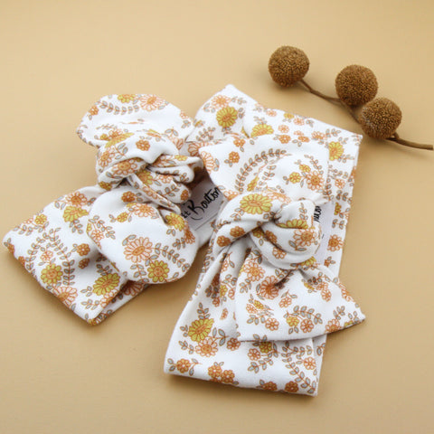 Autumn20 Organic Cotton Bow Knot Headband - Retro Floral on White