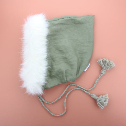 Pixie Hood - Sage Linen with Ivory Fur