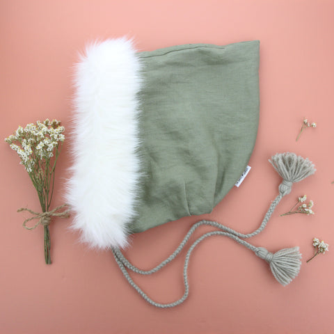 Pixie Hood - Sage Linen with Ivory Fur