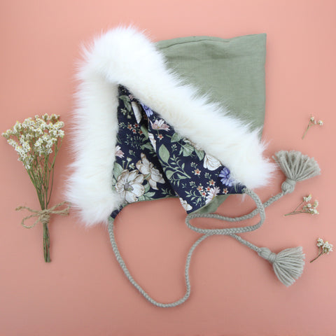 Pixie Hood - Sage Linen with Ivory Fur