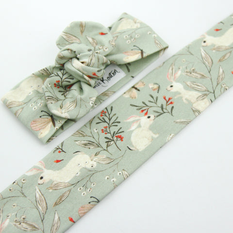 Easter - Organic Cotton Top Knot Headband - Sage Whimsical Bunny