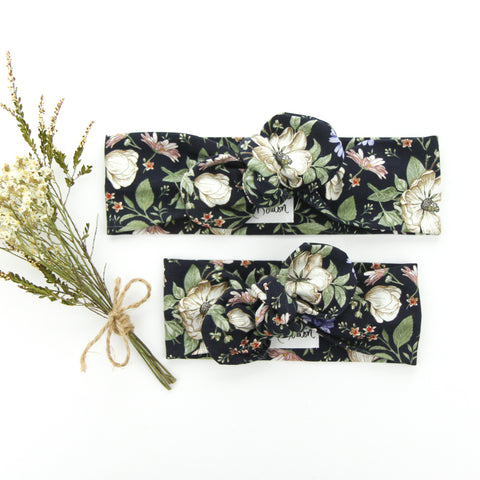 AW2020 Cotton Lycra Knit Top Knot Headband - Navy - Floral