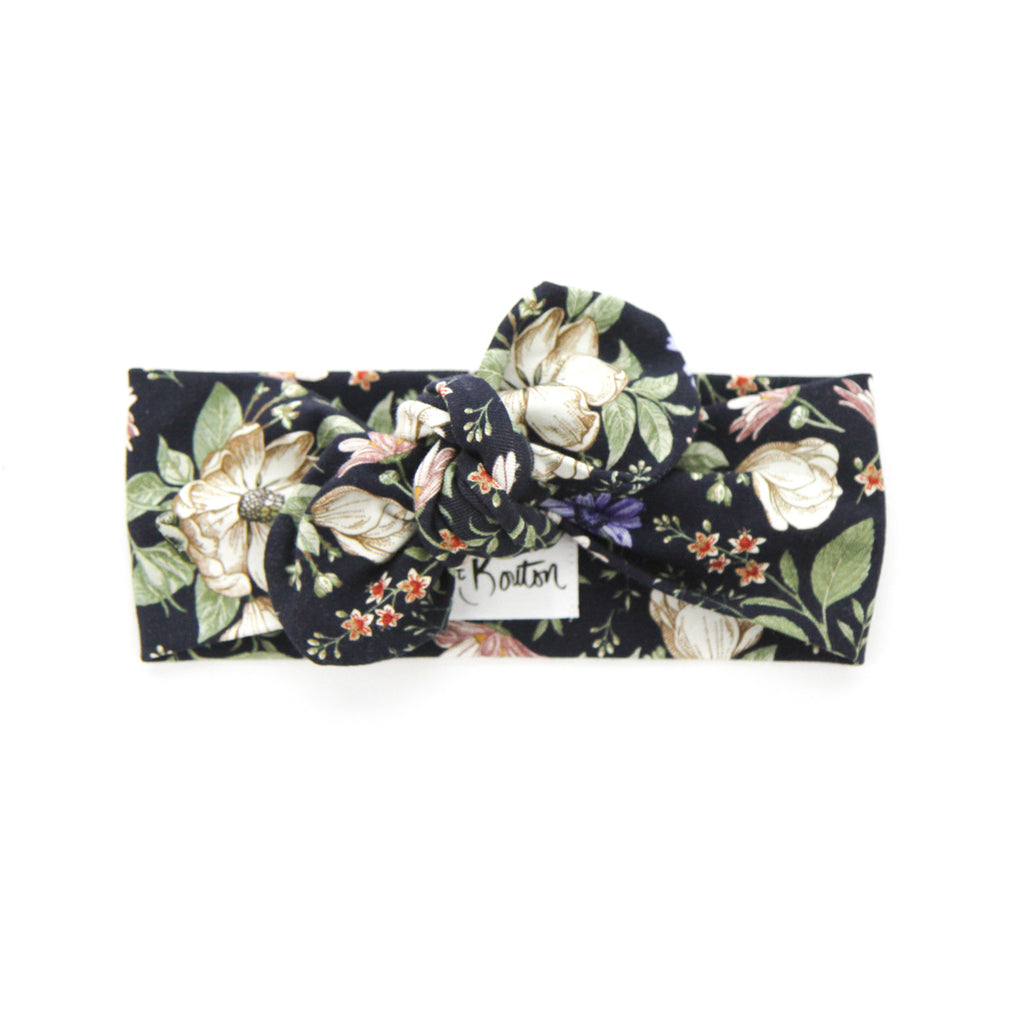 AW2020 Cotton Lycra Knit Top Knot Headband - Navy - Floral