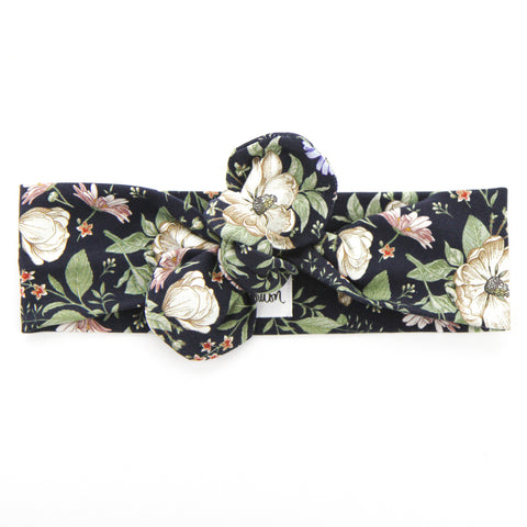 AW2020 Cotton Lycra Knit Top Knot Headband - Navy - Floral