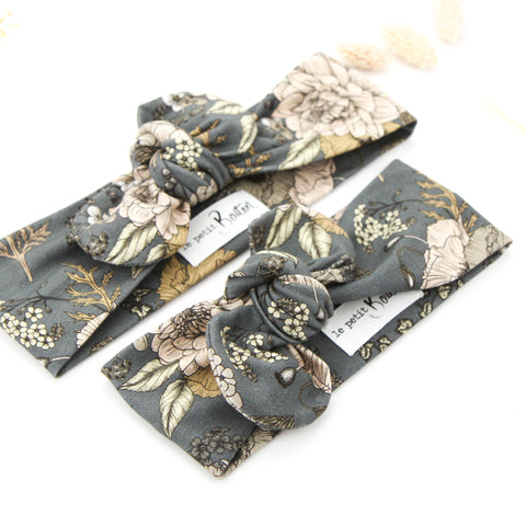 SS20 Cotton Lycra Knit Top Knot Headband - Latte/ Grey Floral