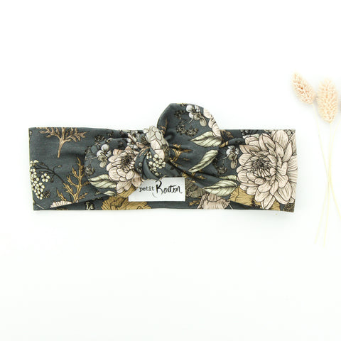 SS20 Cotton Lycra Knit Top Knot Headband - Latte/ Grey Floral