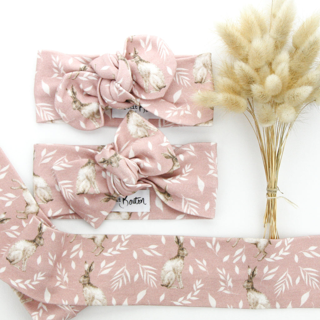 Easter - Organic Cotton Bow Knot Headband - Dusty Pink Bunny