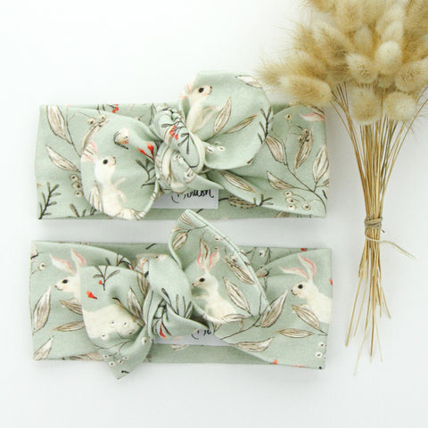 Easter - Organic Cotton Top Knot Headband - Sage Whimsical Bunny