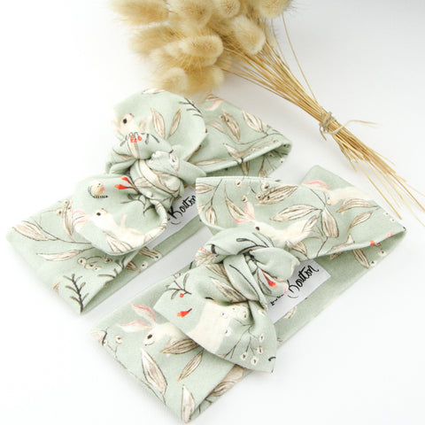 Easter - Organic Cotton Top Knot Headband - Sage Whimsical Bunny