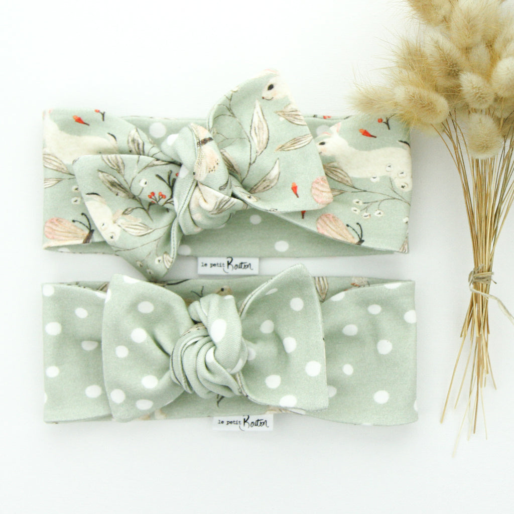Easter - Organic Cotton Reversible Bow Knot Headband - Sage Whimsical Bunny