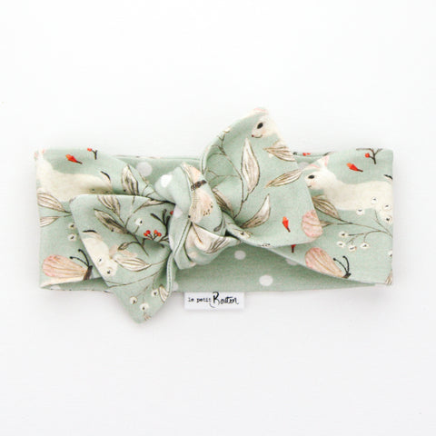 Easter - Organic Cotton Reversible Bow Knot Headband - Sage Whimsical Bunny